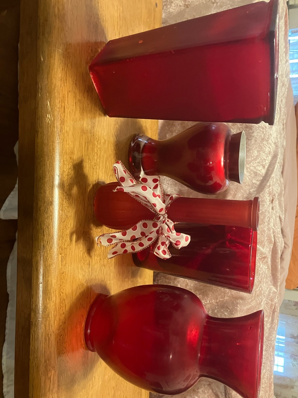 Set of 5 RED glass vases. Assorted styles n sizes